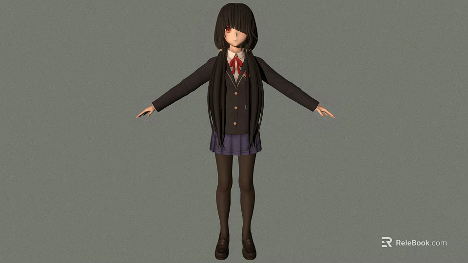 Anime Girl Character in School Uniform with Long Black Hair Purple Skirt and Arms Outstretched 3d model 