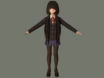 Anime Girl Character in School Uniform with Long Black Hair Purple Skirt and Arms Outstretched 3d model