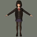 Anime Girl Character in School Uniform with Long Black Hair Purple Skirt and Arms Outstretched