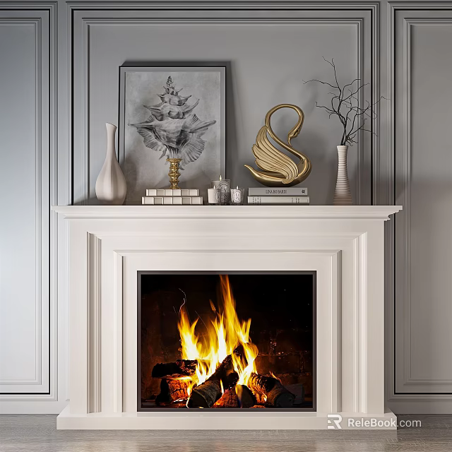 White Fireplace Mantel On Gray Paneled Walls With Swan Sculpture Vases Books And Burning Flames 3d model 