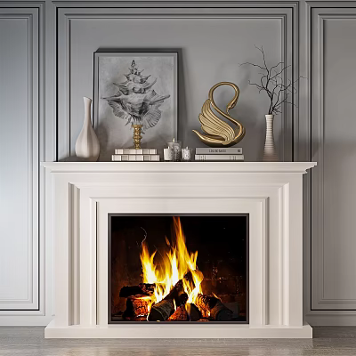 White Fireplace Mantel On Gray Paneled Walls With Swan Sculpture Vases Books And Burning Flames 3d model