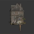 Cartoon Scene of Fairy Tale House with Pointed Towers Brick Walls Chimneys and Arched Windows