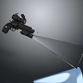 Black Tactical Gun With Attachments And Laser Beam On Grey Background