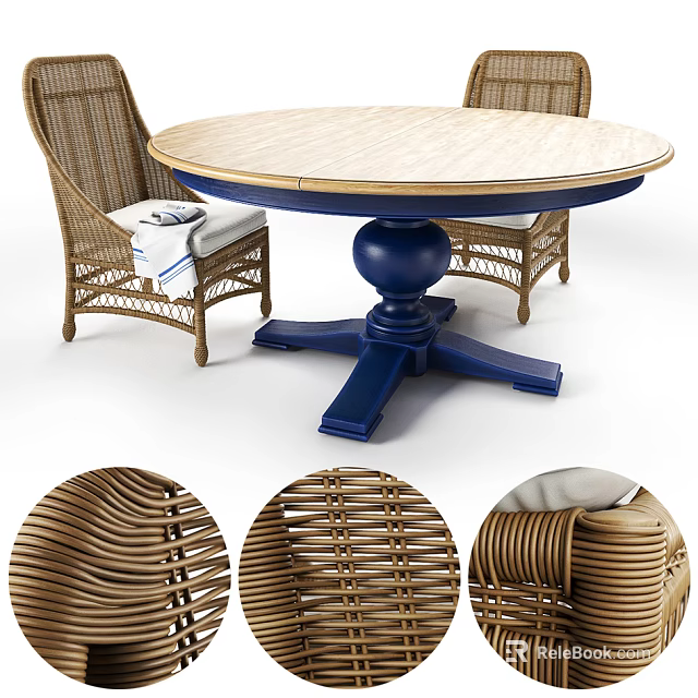 Stylish Round Dining Table Set With Blue Base Rattan Chairs And White Cushions 3d model 