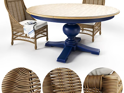Stylish Round Dining Table Set With Blue Base Rattan Chairs And White Cushions 3d model