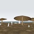 Outdoor Chairs On Beach With Straw Umbrellas Blue Sky And Seagulls