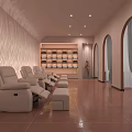 Boutique Store With Arched Doorways White Cloth Covered Furniture Brown Tiled Floor And Recessed Lights