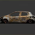Rusted Abandoned Car With Broken Windows Damaged Front And Body On Gray Background With Reflection