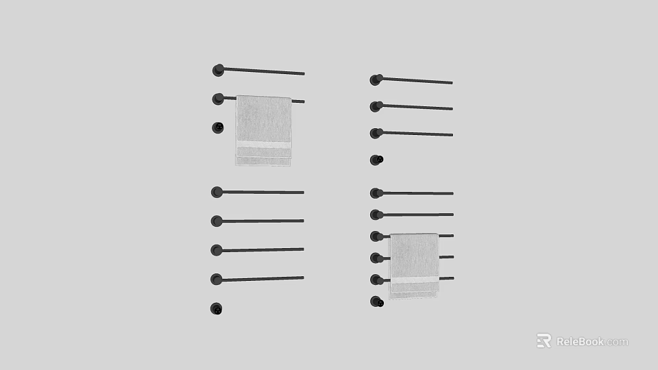 Multiple White Towels Hanging On Black Towel Racks Against Gray Background 3d model 