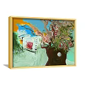 Colorful Abstract Painting With Tree Small House And Blue Sky In Golden Frame