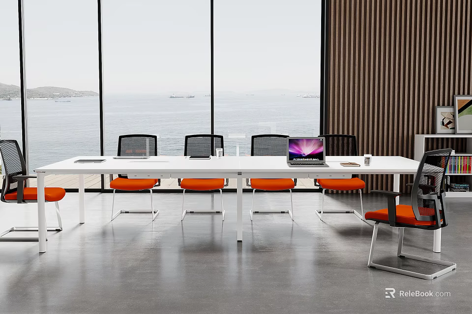 Modern Conference Table With Orange Chairs Laptop And Seaside Window View 3d model