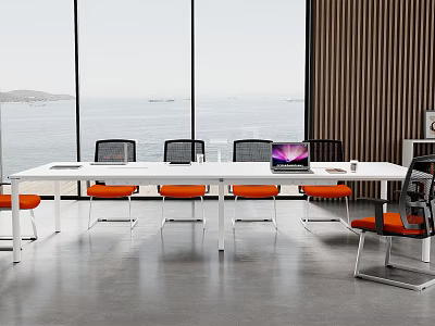 Modern Conference Table With Orange Chairs Laptop And Seaside Window View 3d model