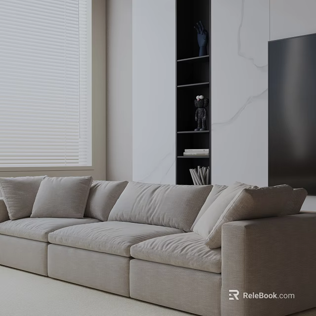 Light Gray Fabric Three Seater Sofa In Modern Living Room With Blinds And Shelf 3d model 