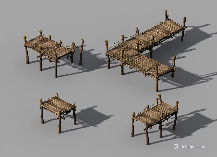 Outdoor Bamboo Road Facilities Featuring Wooden Boardwalk Path And Multiple Platforms 3d model