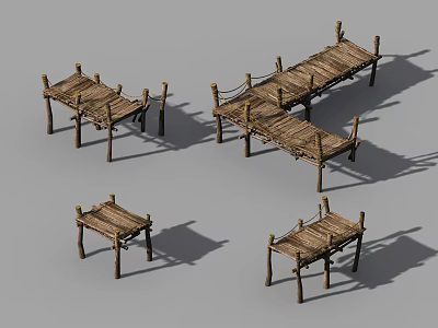 Outdoor Bamboo Road Facilities Featuring Wooden Boardwalk Path And Multiple Platforms 3d model