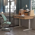 Kids Room Interior With Adjustable Wooden Desk Light Green Chair Books And Natural Light