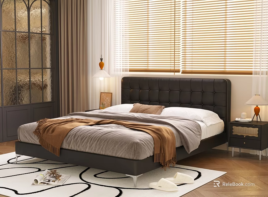 Modern Bedroom Interior With Black Leather Tufted Headboard Gray Comforter And Wooden Blinds 3d model 
