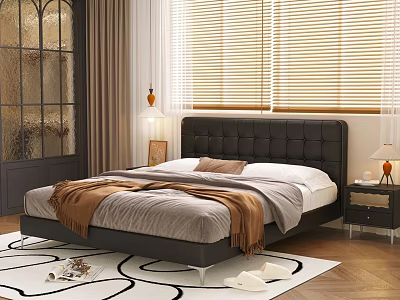 Modern Bedroom Interior With Black Leather Tufted Headboard Gray Comforter And Wooden Blinds 3d model