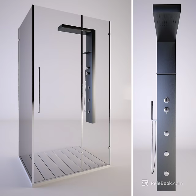Modern Shower Sauna With Glass Door Metal Frame Drainage Panel And Round Nozzles Design 3d model 