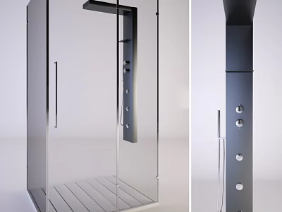 Modern Shower Sauna With Glass Door Metal Frame Drainage Panel And Round Nozzles Design 3d model