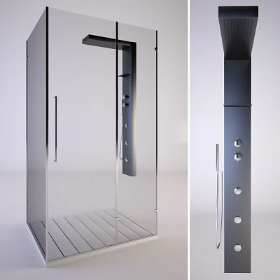 Modern Shower Sauna With Glass Door Metal Frame Drainage Panel And Round Nozzles Design 3d model