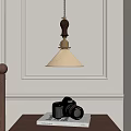 Vintage Pendant Light Hanging Over Retro Camera On Bedside Table With Wall Decor