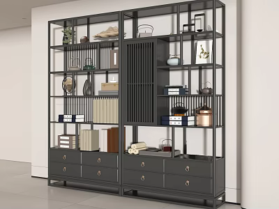 Black Frame Storage Shelf with Multiple Shelves Lower Drawers Displaying Books Decor Vases Tea Sets 3d model