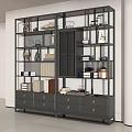 Black Frame Storage Shelf with Multiple Shelves Lower Drawers Displaying Books Decor Vases Tea Sets
