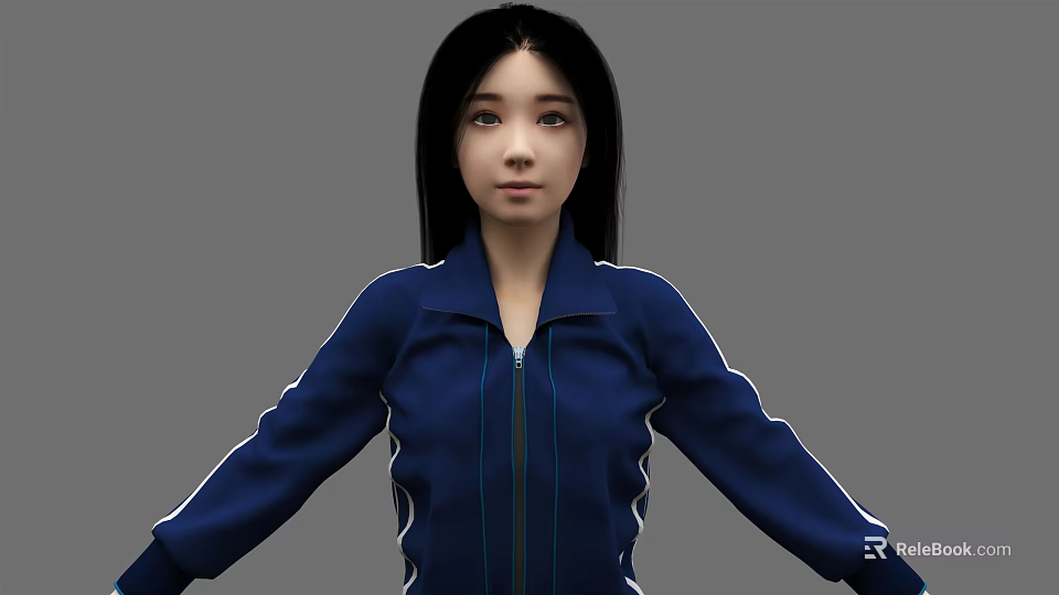 Woman With Black Long Hair Wearing Blue Track Jacket With White Stripes 3d model 