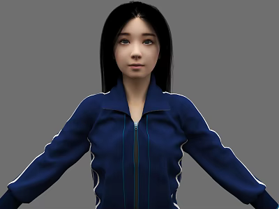 Woman With Black Long Hair Wearing Blue Track Jacket With White Stripes 3d model