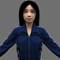 Woman With Black Long Hair Wearing Blue Track Jacket With White Stripes