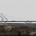 Modern Cable Stayed Bridge With Sunset Sky Over River And Stone Shore 3d model