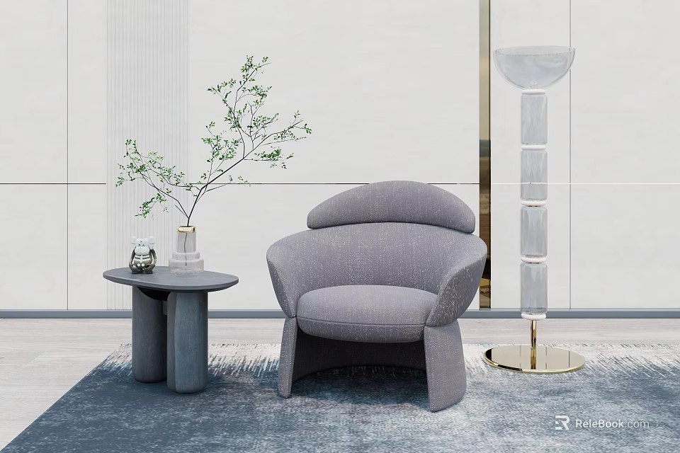 Gray Single Sofa with Side Table Potted Plant and Modern Floor Lamp in Contemporary Interior 3d model 