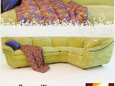 Modern L Shaped Green Sofa Set With Colorful Knit Blanket And Blue Cushion 3d model