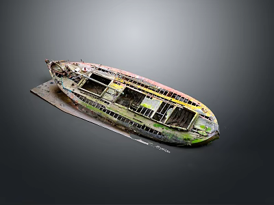 Old Multicolored Weathered Wooden Boat With Chipped Paint On Gray Background 3d model