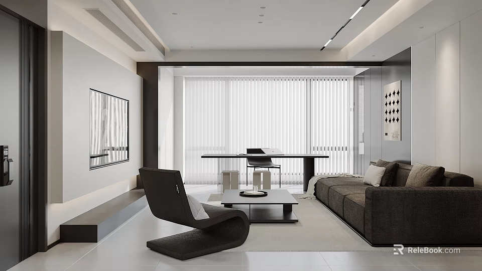 Modern Minimalist Living Room Interior Design With Dark Gray Sofa And Black Armchair 3d model 