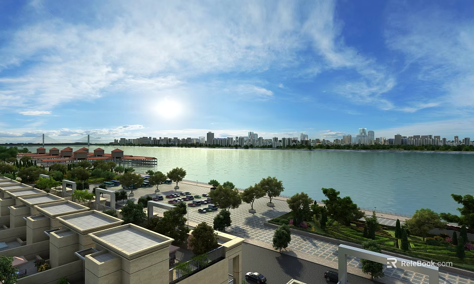 Scenic Lakeside City Landscape With Blue Sky White Clouds Green Trees And Sunshine 3d model 