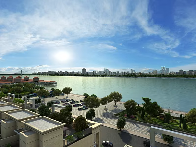 Scenic Lakeside City Landscape With Blue Sky White Clouds Green Trees And Sunshine 3d model