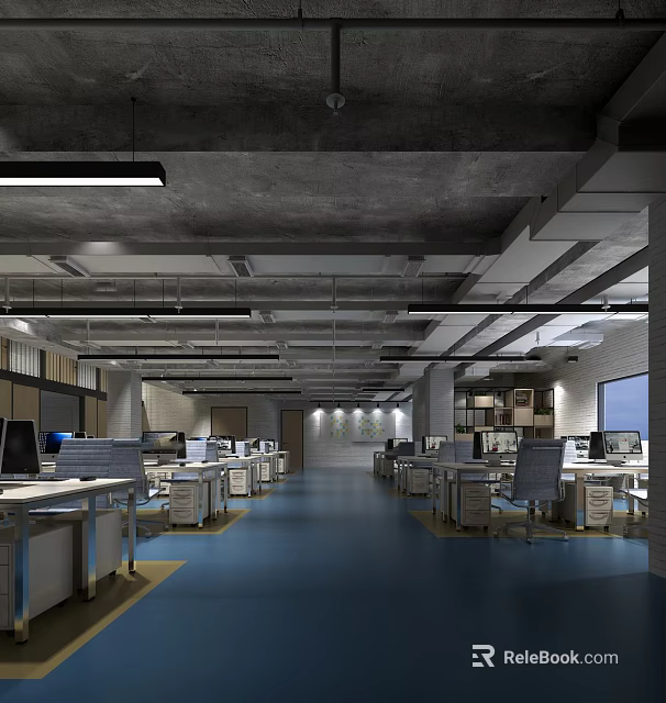 Modern Public Office Space With Open Workstations Desks And Shelves 3d model 