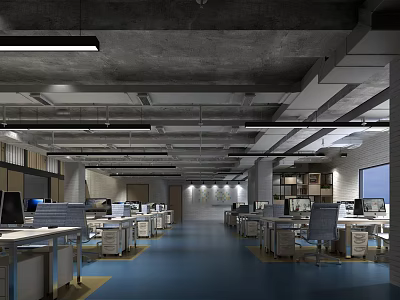 Modern Public Office Space With Open Workstations Desks And Shelves 3d model