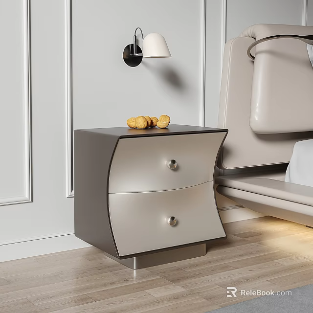 Modern Nightstand With Two Drawers Smooth Surface And Decorative Items By Bed 3d model
