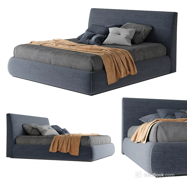Modern Upholstered Grey Double Bed With Multiple Pillows And Brown Blanket 3d model