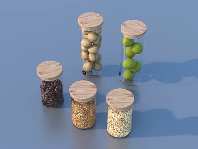 Assorted Food Items Stored in Glass Jars With Wooden Lids 3d model