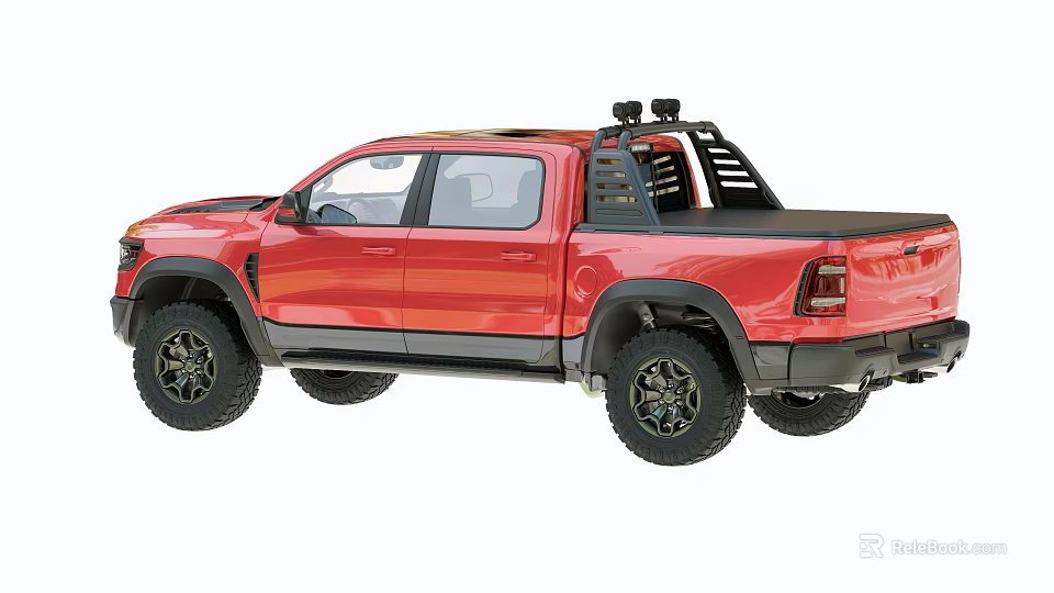Red Off Road Pickup Truck With Black Wheels Roof Rack And Bed Cover 3d model 