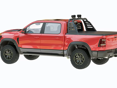 Red Off Road Pickup Truck With Black Wheels Roof Rack And Bed Cover 3d model