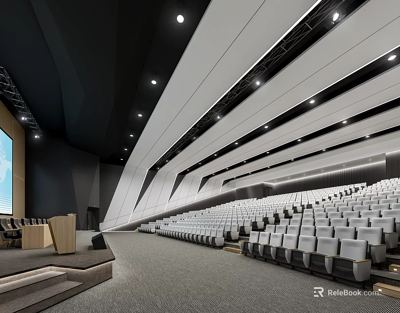 Modern Conference Room Interior With Rows Of Seats Large Screen Lectern And Lighting 3d model 