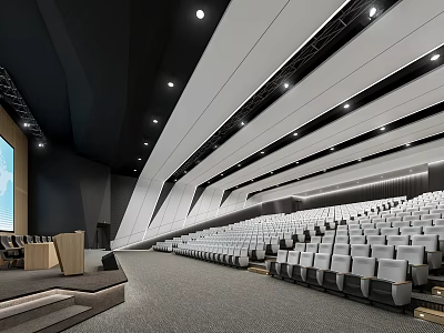 Modern Conference Room Interior With Rows Of Seats Large Screen Lectern And Lighting 3d model