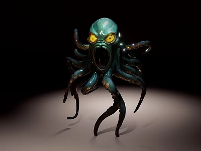 Teal Octopus Like Game And Movie Character With Yellow Eyes Open Mouth And Tentacles 3d model