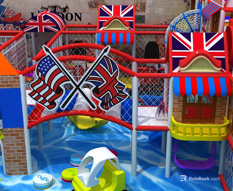 Vibrant Kids Playground Equipment With Union Jack American Flag Decor And Climbing Frames 3d model 