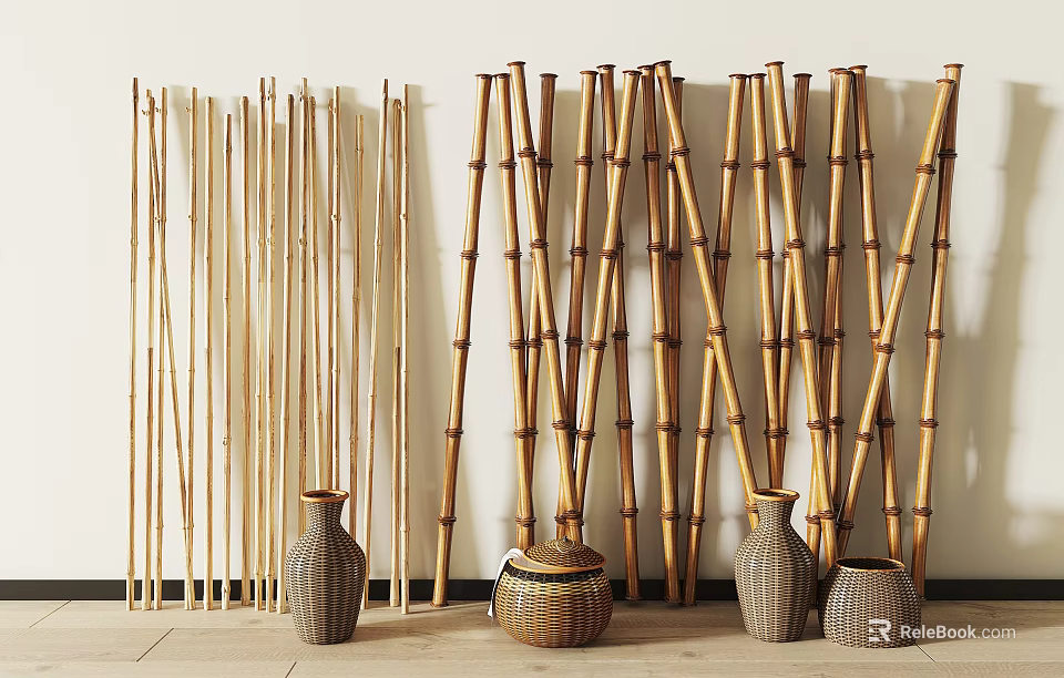 Bamboo Poles Standing With Woven Containers And Vases In Indoor Display Setting 3d model 